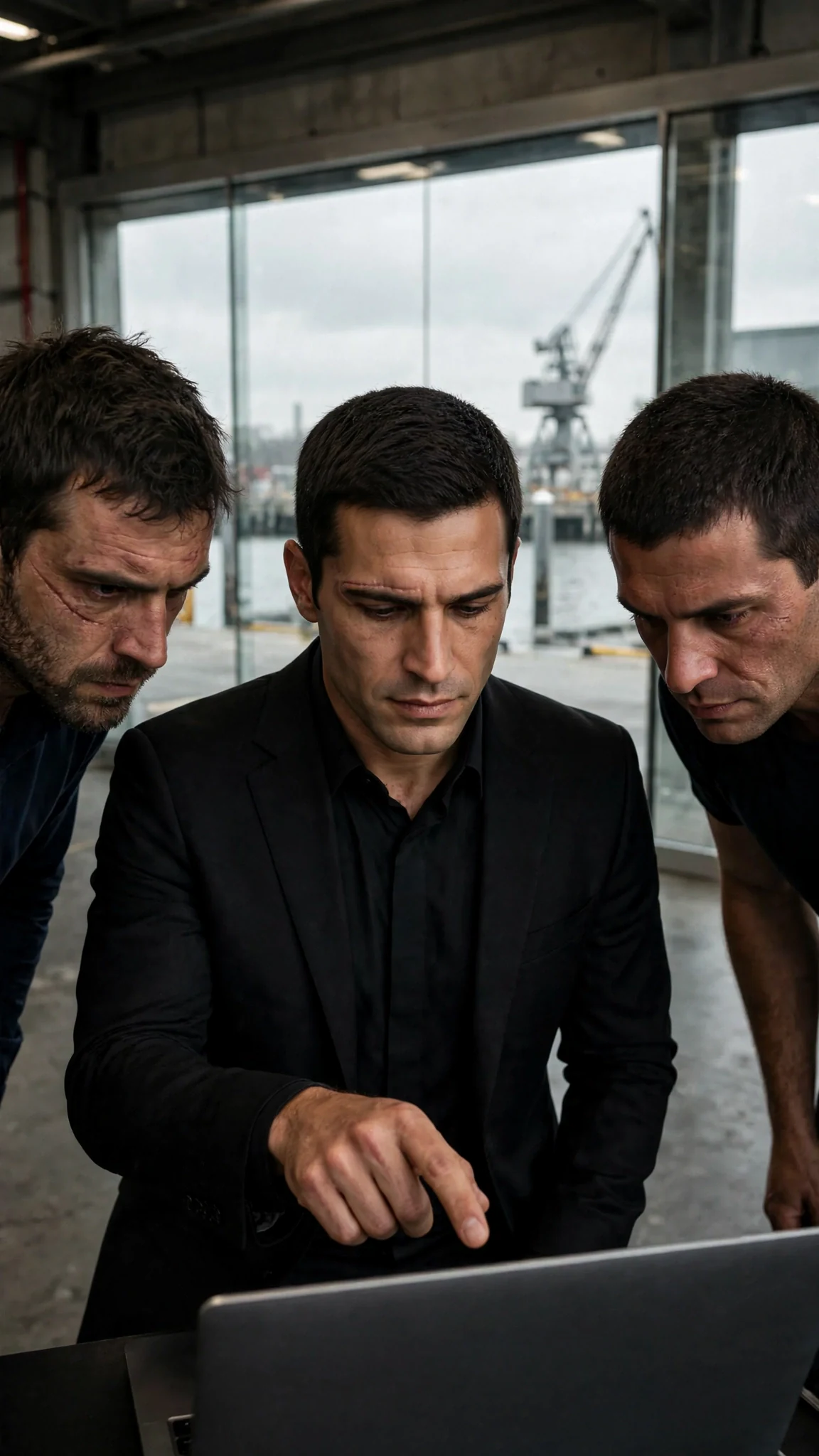 The man in the black suit points at a laptop screen while his men lean in.