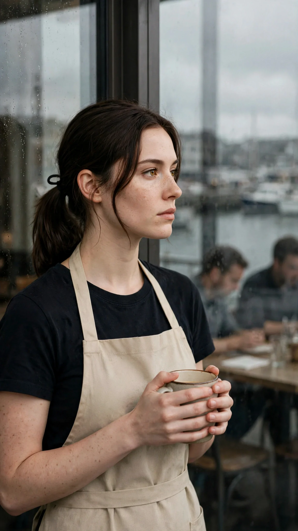 The young woman stands by the glass with her mug, face perfectly still, eyes on the men.
