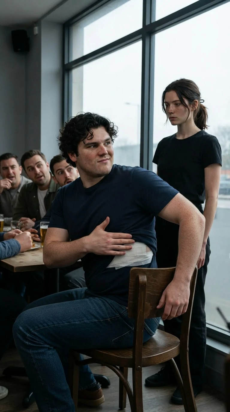 The wounded brother twists in his chair to look at the woman by the window, his lip curled.