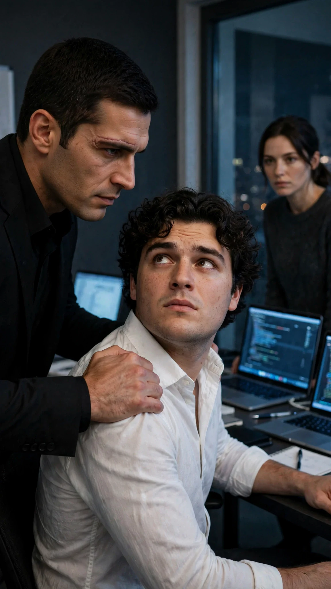The scarred man grips his brother's shoulder hard, and the young woman answers with a flat stare.