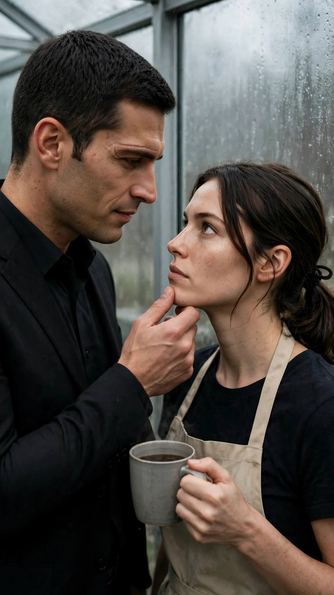 He steps in close and lifts her chin with two fingers, their faces near.