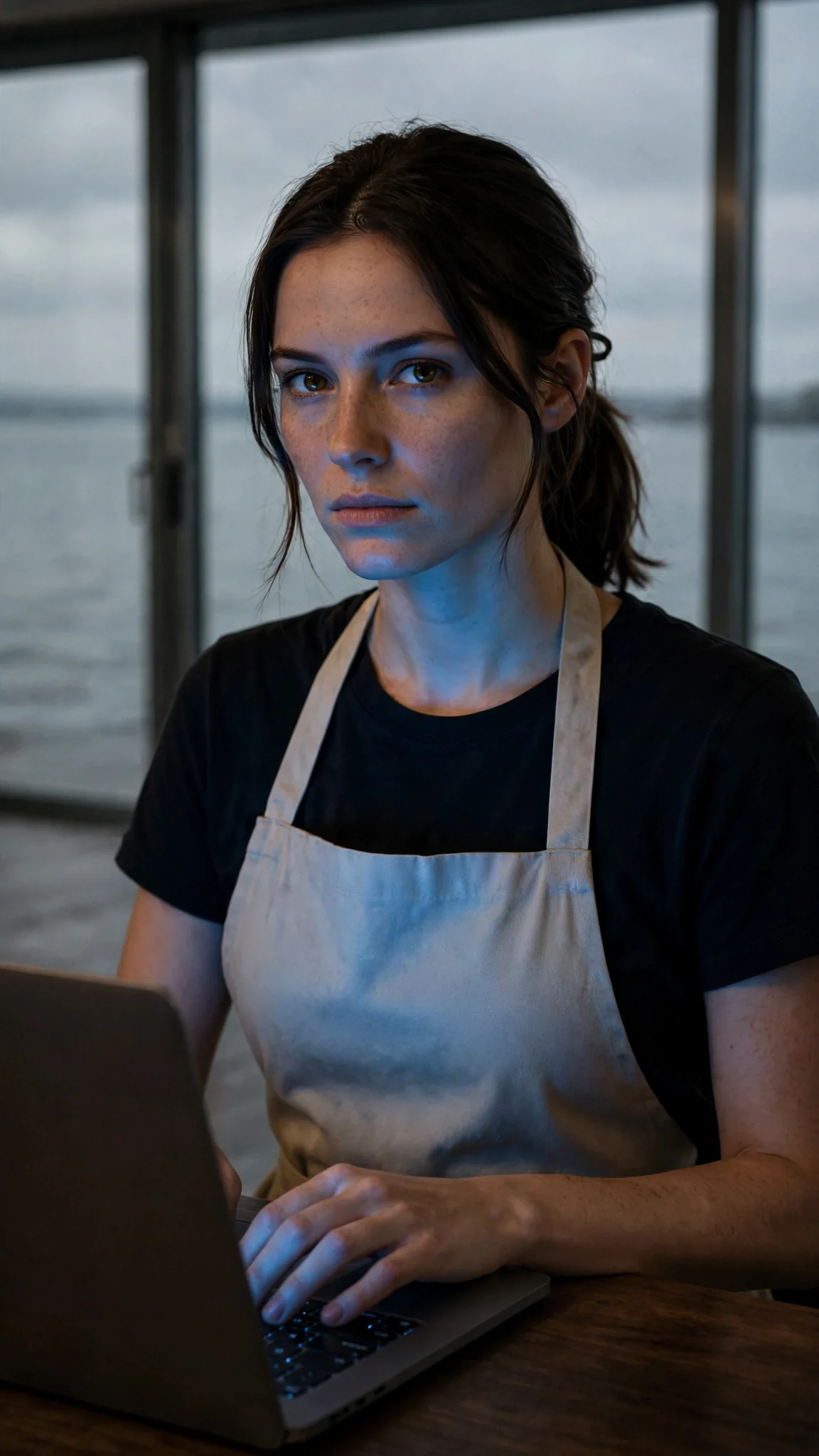 A woman's hands on a laptop keyboard in a dim room, screen light on her face.