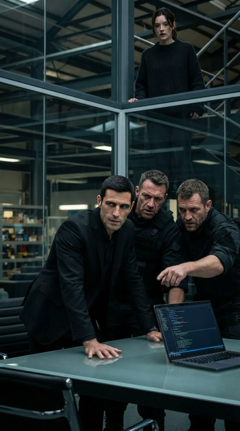 The men below look up from the laptop, and the scarred man straightens slowly.