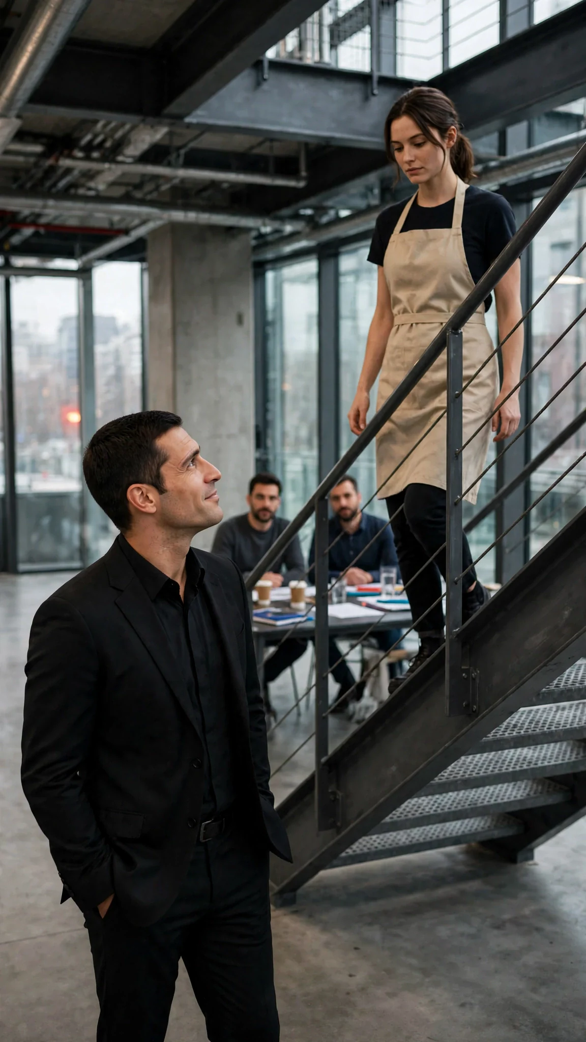 The scarred man laughs without warmth, head tilted toward the woman on the stairs.