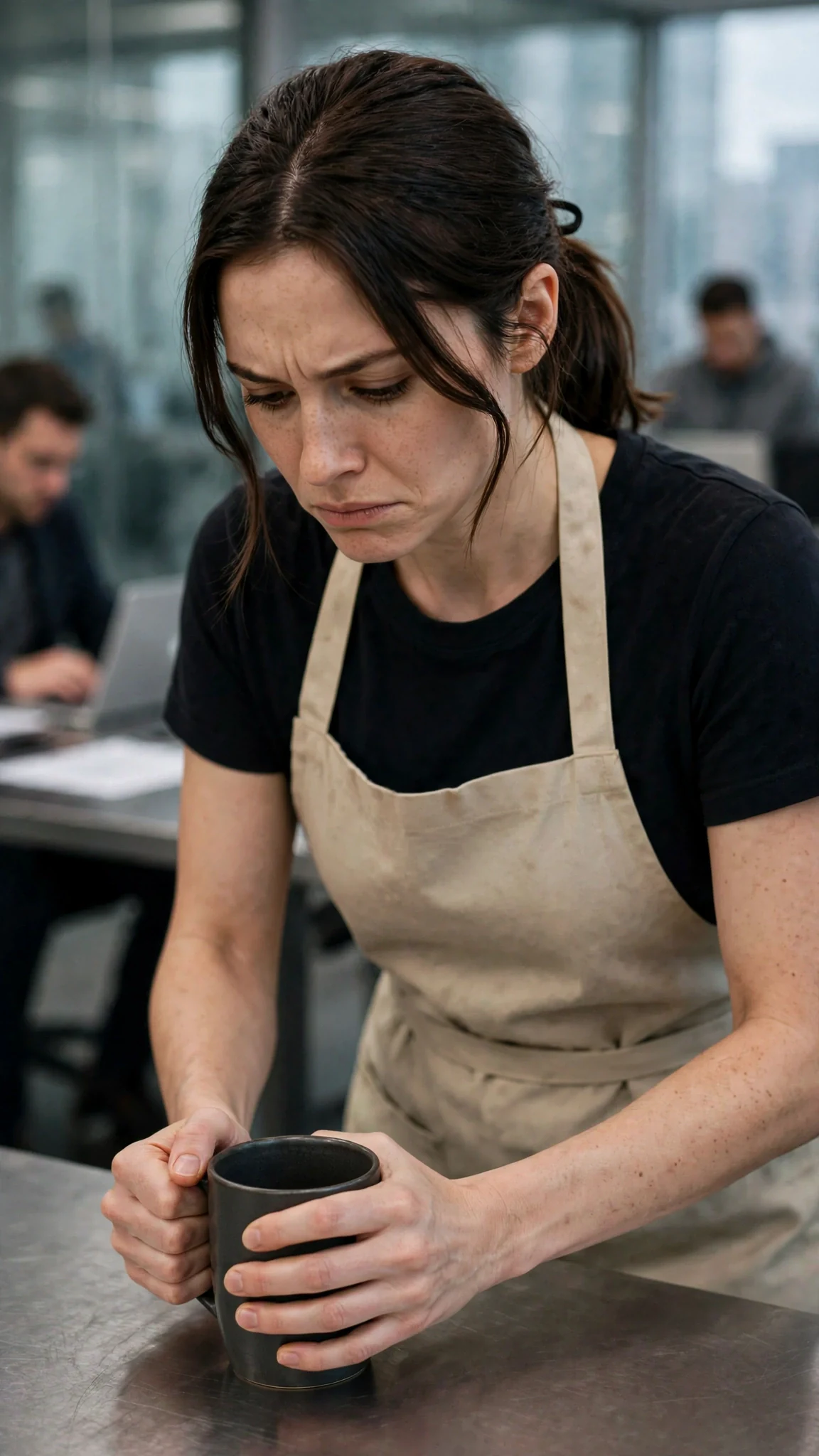 The young woman sets her mug down carefully, face hard, jaw tight.