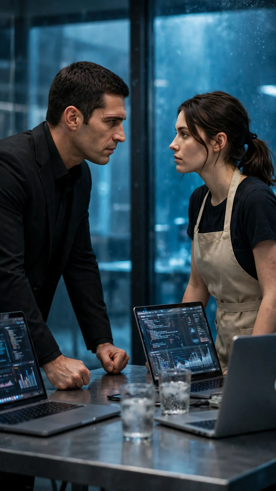 The scarred man looks straight at the woman across the table, gray eyes unreadable, and she stares back.